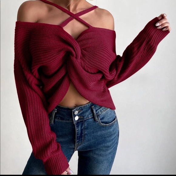 Dusty pink knit twist front cold shoulder sweater - Picture 3 of 12